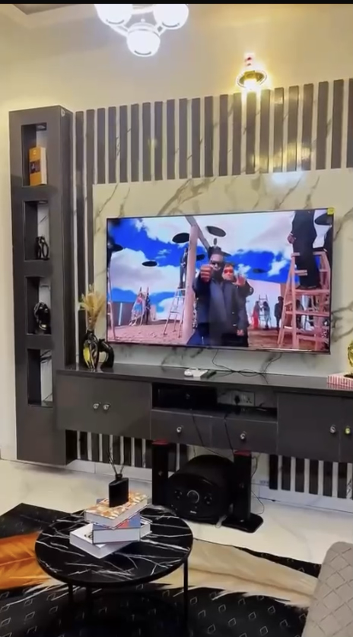 Television, sound system, and coffee table in the living room